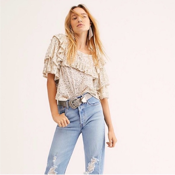 Free People Tops - Free People Dance Floor Sequin Top Small Silver Cropped Ruffle